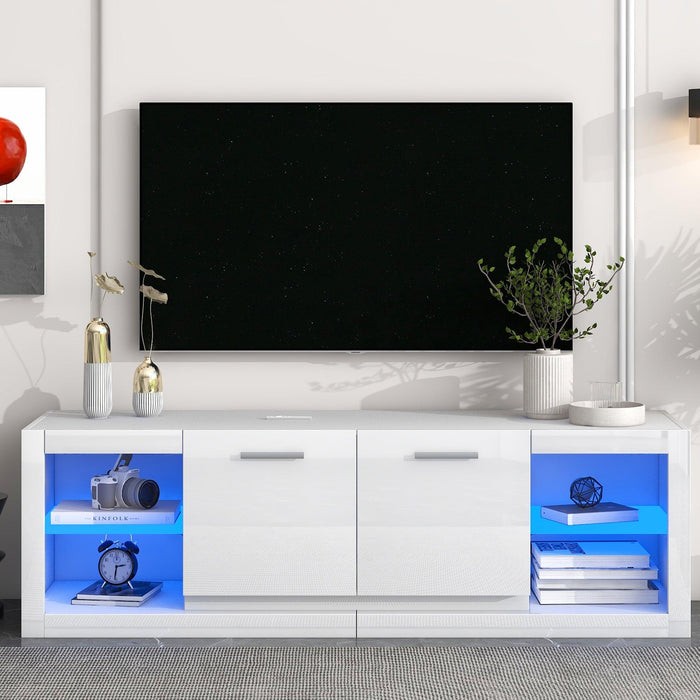 Modern TV Stand with 2 Tempered Glass Shelves, High Gloss Entertainment Center for TVs Up to 70”, Elegant TV Cabinet with LED Color Changing Lights for Living Room, White