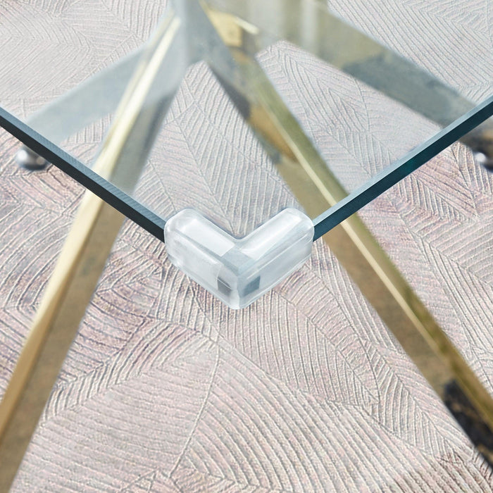Contemporary Square Clear Dining Tempered Glass Table with Gold Finish Stainless Steel Legs