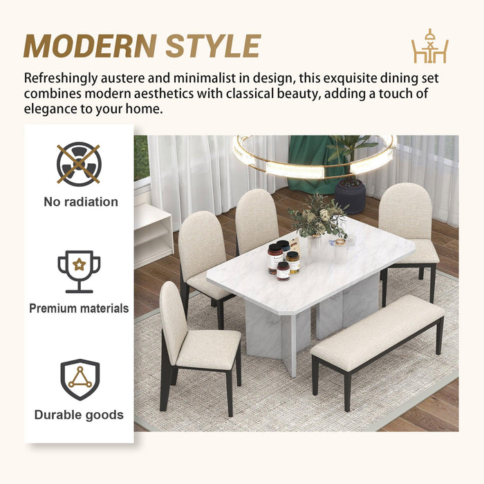 6-PieceModern Style Dining Set with Faux Marble Table and 4 Upholstered Dining Chairs & 1 Bench (White)