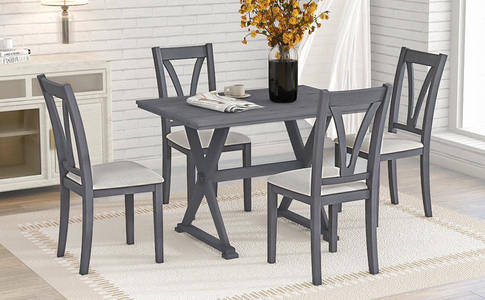 Mid-Century Wood 5-Piece Dining Table Set with 4 Upholstered Dining Chairs for Small Places, Antique Grey