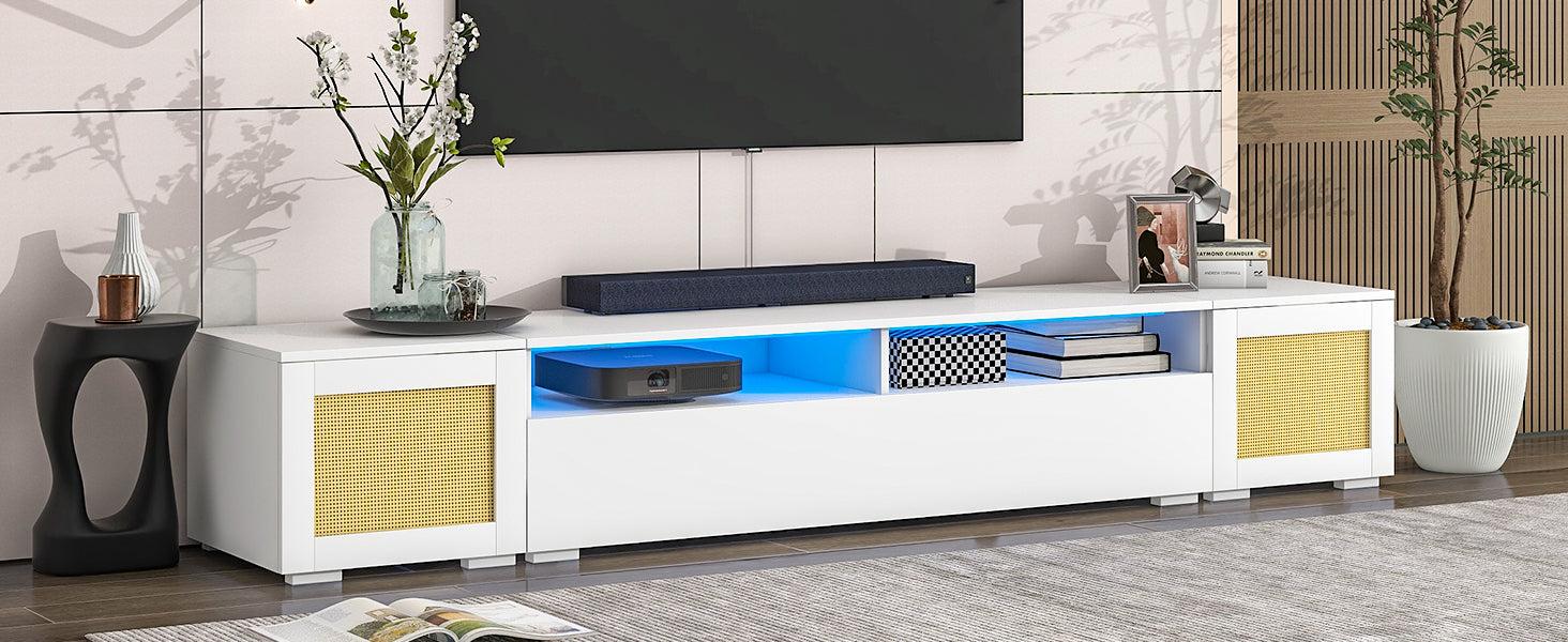 Rattan Style Entertainment Center with Push to Open Doors, 3-pics Extended TV Console Table for TVs Up to 90”,Modern TV Stand with Color Changing LED Lights for  Home Theatre, White