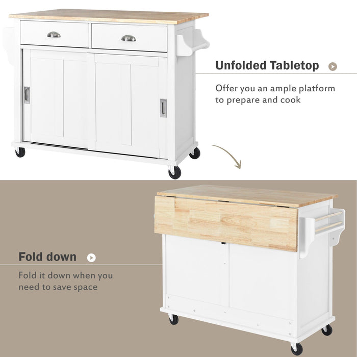 Kitchen Cart with Rubber wood Drop-Leaf Countertop, Concealed sliding barn door adjustable height,Kitchen Island on 4 Wheels withStorage Cabinet and 2 Drawers,L52.2xW30.5xH36.6 inch, White