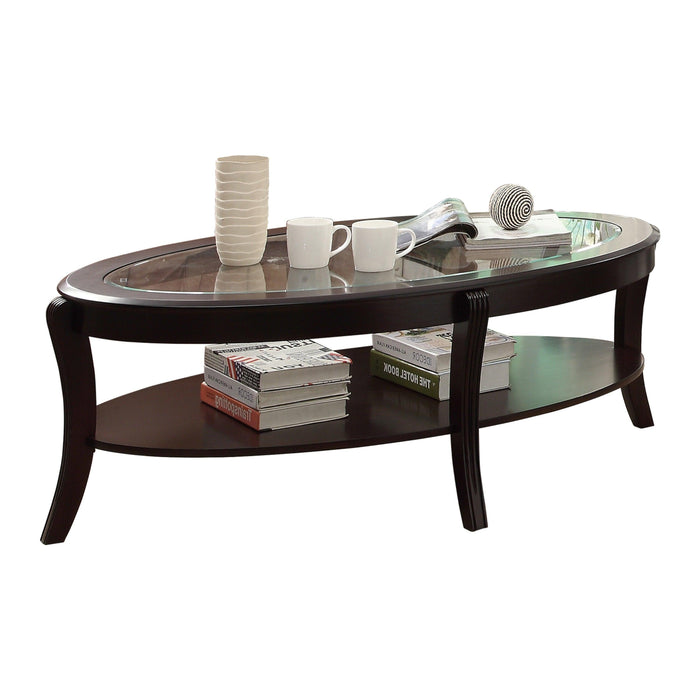 Rich Espresso Finish 1pc Cocktail Table with Glass Inserted Top Curve Legs Lower Display Shelf Stylish Living Room Furniture Coffee Table