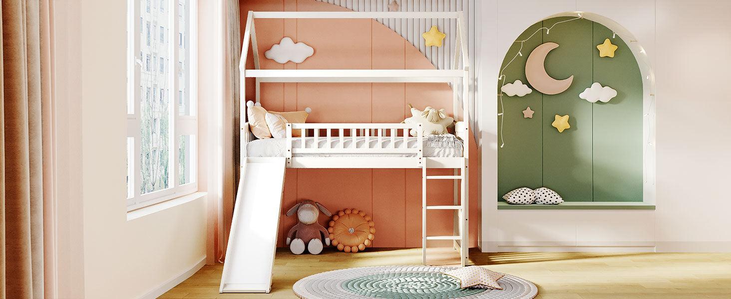 Twin Loft Bed with Slide, House Bed with Slide,White