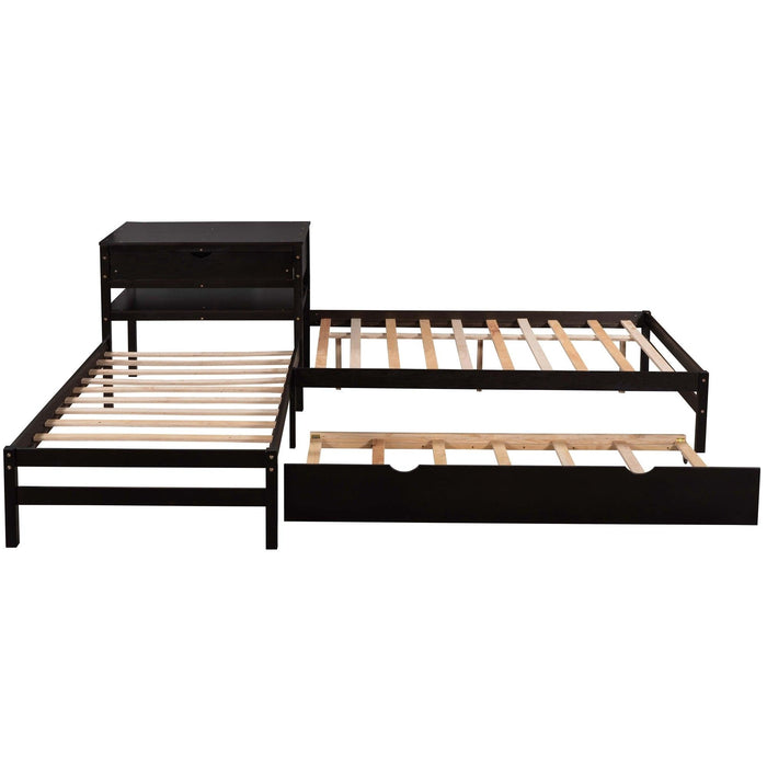 L-Shaped Full Size and Twin Size Platform Beds with Twin Size Trundle and Drawer Linked with Built-in Rectangle Table,Espresso