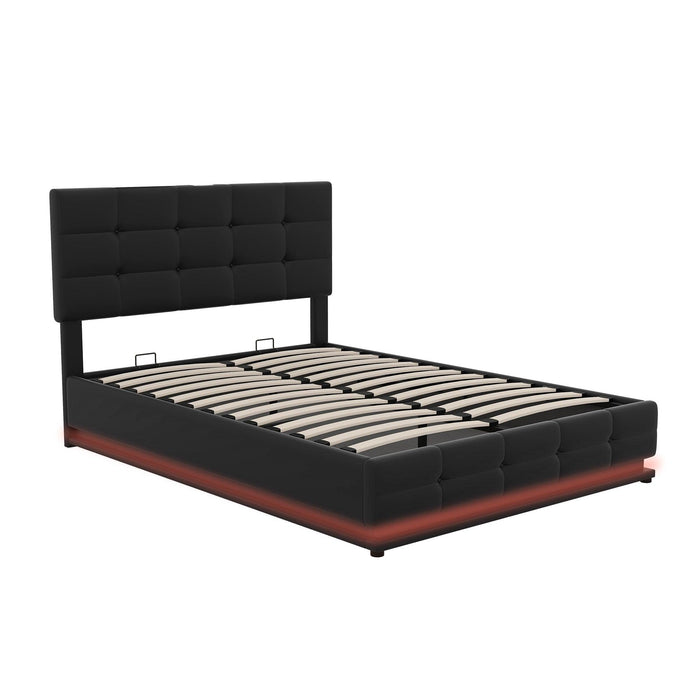 Full Size Tufted Upholstered Platform Bed with HydraulicStorage System,PUStorage Bed with LED Lights and USB charger, Black