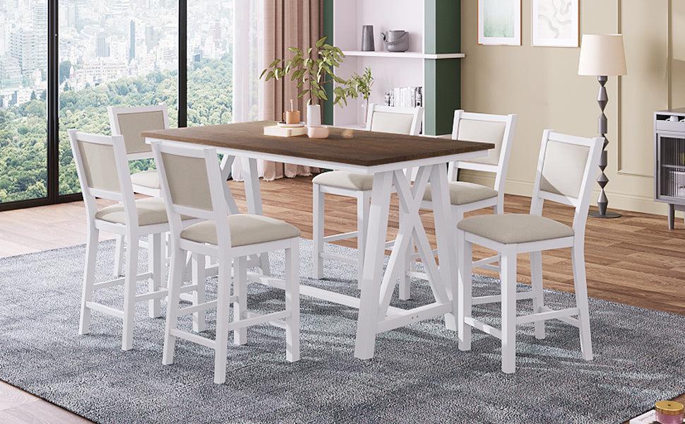 7-Piece Counter Height Farmhouse Wooden Dining Table Set, Rustic Kitchen Furniture Set with 6 Upholstered Dining Chairs, White