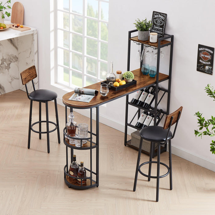 Bar table and stool set with 2 bar stools, with bottle holder, glass holder and side organizer, multifunctional high bar table with space for 8 bottles and 9 glasses.