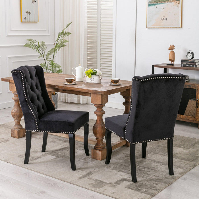 Wingback Dining Chair，Traditional Tufted Upholstered  America Luxury Chairs， Country Cottage Farm Beach Dining Kitchen Vintage Style Side Chair, Velvet Fabric Wood, Set of 2，Black