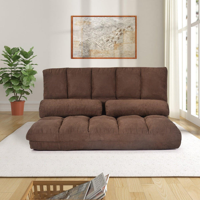 Double Chaise Lounge Sofa Floor Couch and Sofa with Two Pillows (Brown)