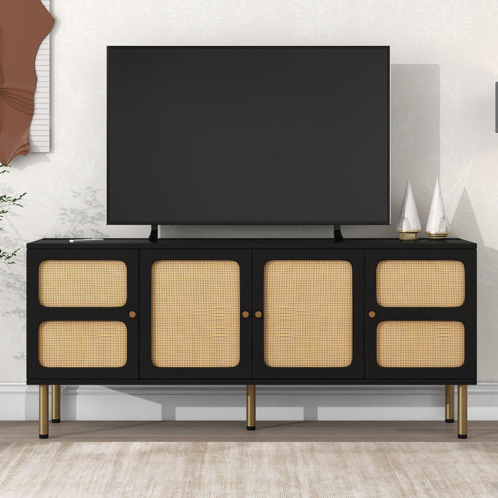 Boho style TV Stand with Rattan Door, Woven Media Console Table for TVs Up to 70”, Country Style Design Side Board with Gold Metal Base for Living Room, Black.