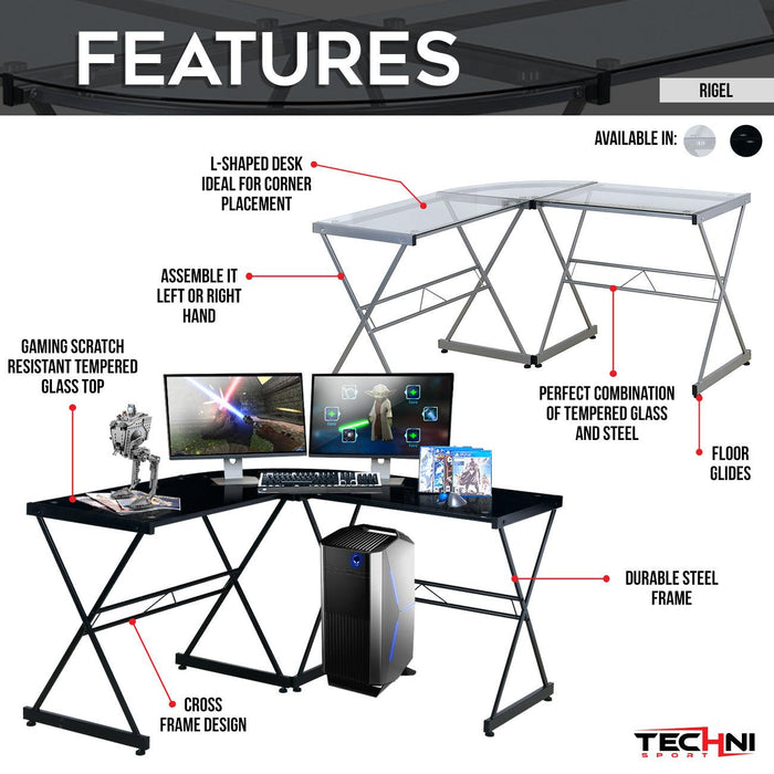 Techni Mobili L-Shaped Glass Computer Desk, Black