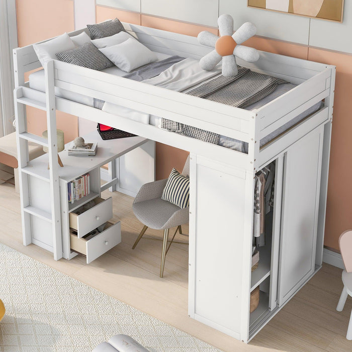 Wood Twin Size Loft Bed with Wardrobes and 2-Drawer Desk with Cabinet, White