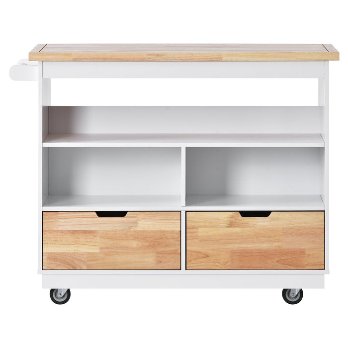Kitchen Cart Rolling Mobile Kitchen Island Solid Wood Top, Kitchen Cart With 2 Drawers,Tableware Cabinet（White）