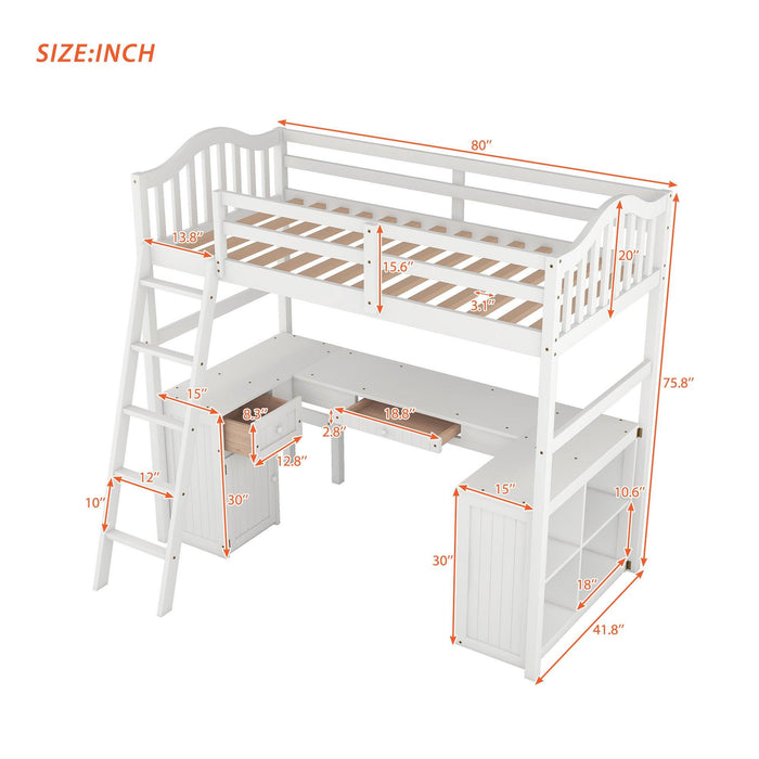 Twin size Loft Bed with Drawers, Cabinet, Shelves and Desk, Wooden Loft Bed with Desk - White
