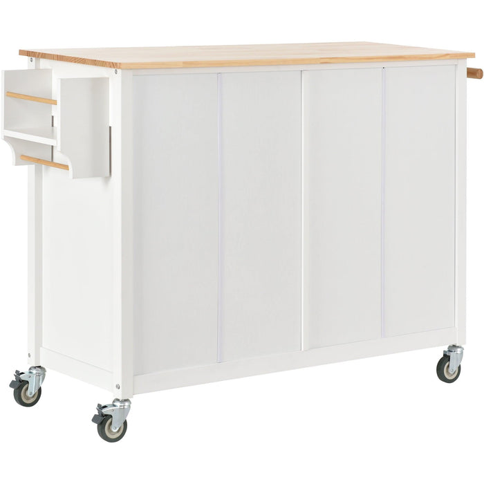 Kitchen Island Cart with Solid Wood Top and Locking Wheels，54.3 Inch Width，4 Door Cabinet and Two Drawers，Spice Rack, Towel Rack （White）