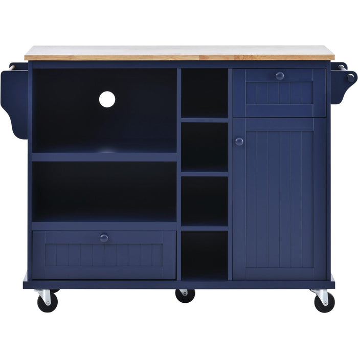 Kitchen Island Cart withStorage Cabinet and Two Locking Wheels,Solid wood desktop,Microwave cabinet,Floor Standing Buffet Server Sideboard for Kitchen Room,Dining Room,, Bathroom（Dark blue）