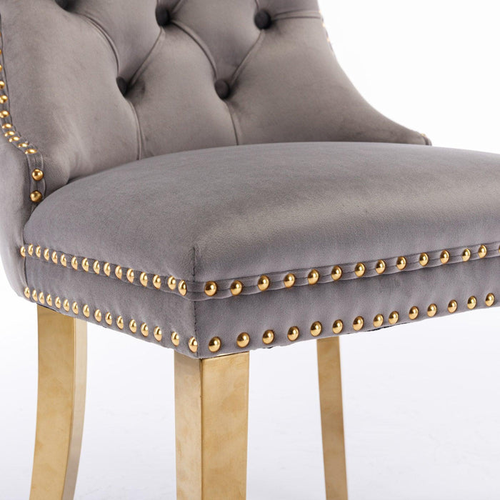 Nikki CollectionModern, High-end Tufted Solid Wood Contemporary Velvet Upholstered Dining Chair with Golden Stainless Steel Plating Legs,Nailhead Trim,Set of 2,Gray and Gold, SW1601GY
