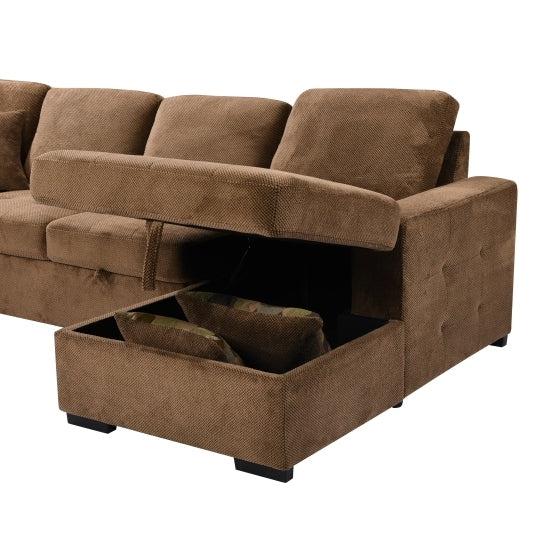 123" Oversized Sectional Sofa withStorage Chaise, U Shaped Sectional Couch with 4 Throw Pillows for Large Space Dorm Apartment. Brown