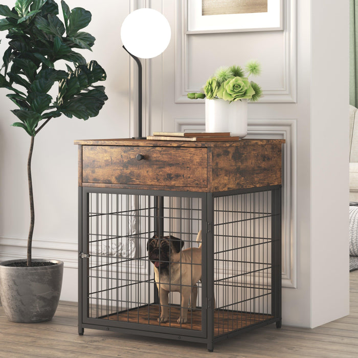 Furniture Style Wood Dog Crate End Table withStorage Console（Rustic Brown,19.69''w x 22.83''d x 26.97''h）