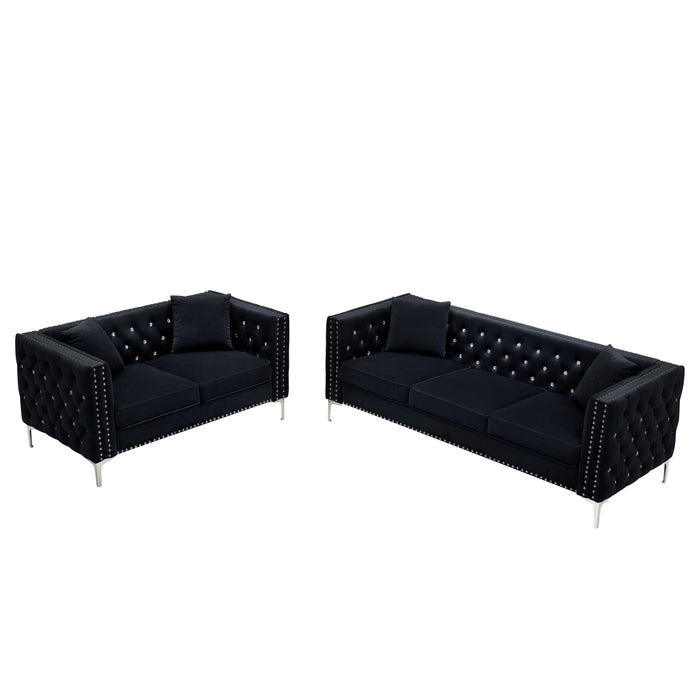 2 PieceModern Velvet Living Room Set with Sofa and Loveseat,Jeweled Button Tufted Copper Nails Square Arms Black,4 Pillows Included