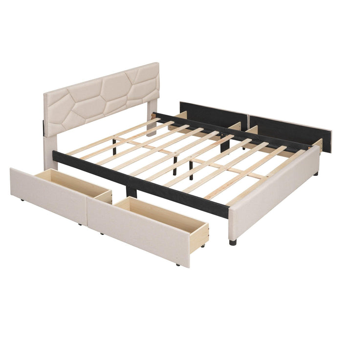 Queen Size Upholstered Platform Bed with Brick Pattern Heardboard and 4 Drawers, Linen Fabric, Beige