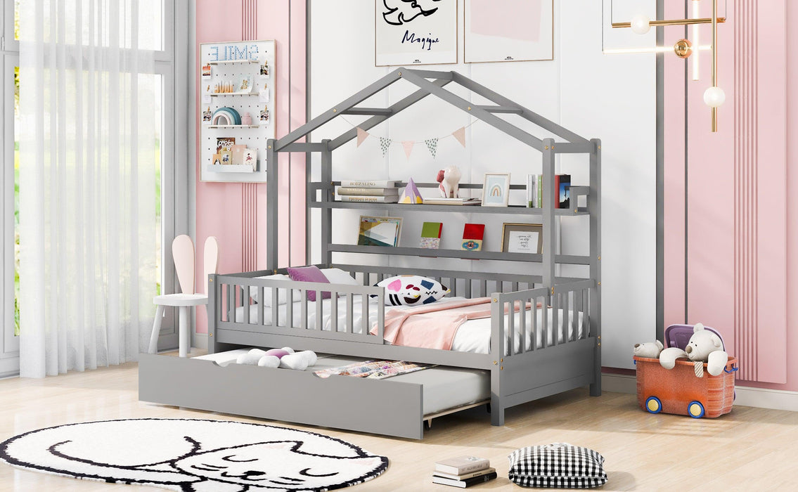 Wooden Twin Size House Bed with Trundle,Kids Bed with Shelf, Gray