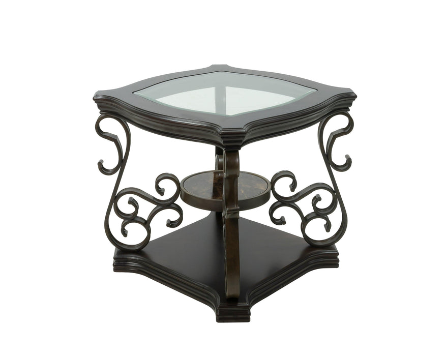 End table,  Glass table top, MDF W/marble paper middle shelf, powder coat finish metal legs. (26.3"Lx26.3"Wx24"H)