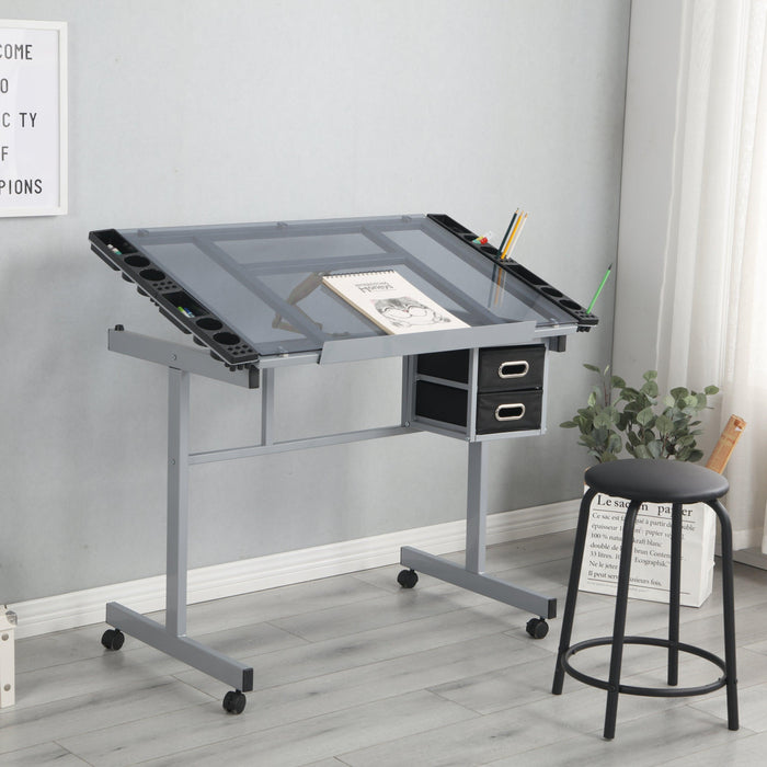 Adjustable Art Drawing Desk Craft Station Drafting   with 2 Non-woven fabric Slide Drawers and 4 Wheels
