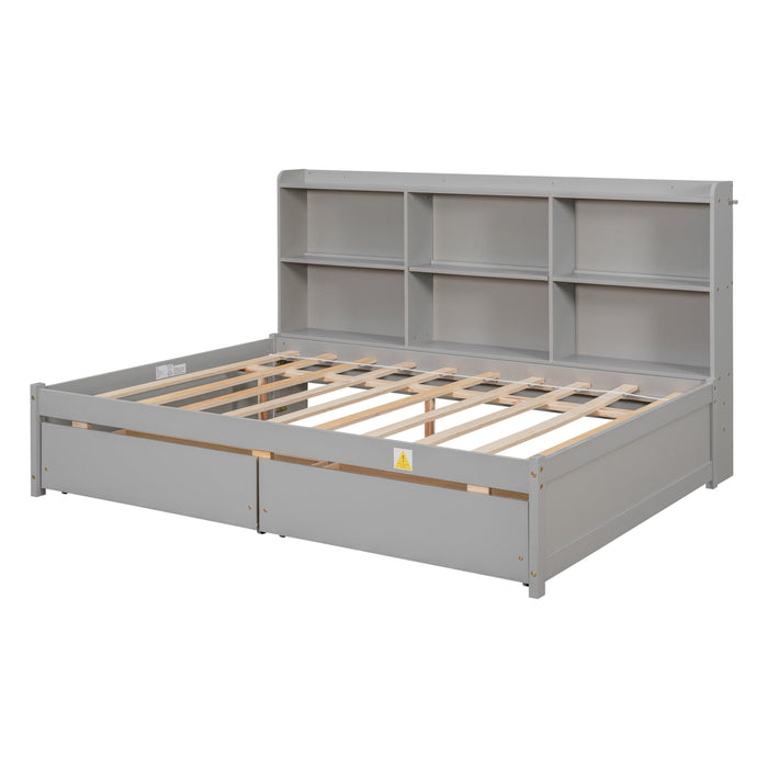 Full Bed with Side Bookcase, Drawers,Gray