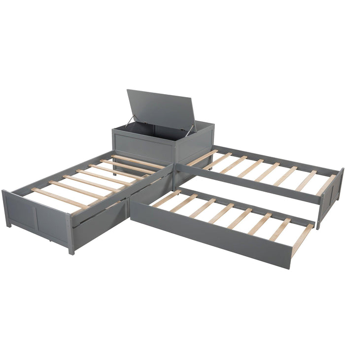 L-shaped Platform Bed with Trundle and Drawers Linked with built-in Flip Square Table,Twin,Gray