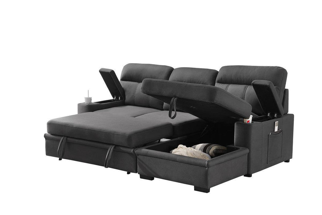 Kaden Gray Fabric Sleeper Sectional Sofa Chaise withStorage Arms and Cupholder