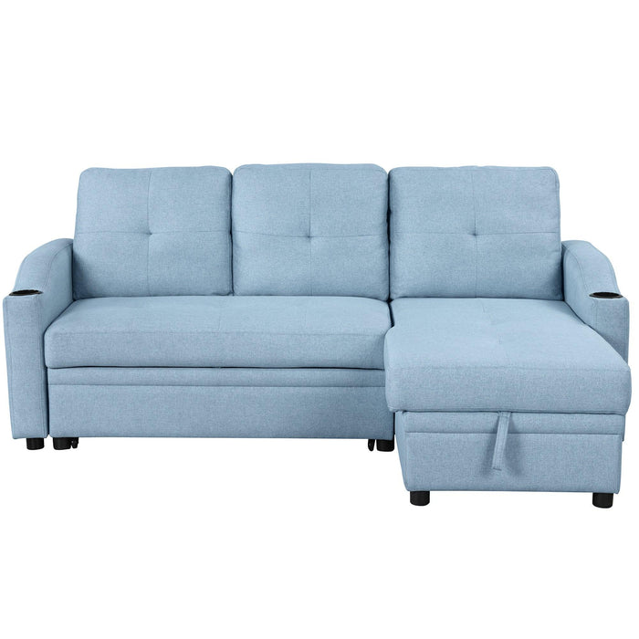 80.3"  Pull Out Sofa BedModern Padded Upholstered Sofa Bed , Linen Fabric 3 Seater Couch withStorage Chaise and Cup Holder , Small Couch for Small Spaces