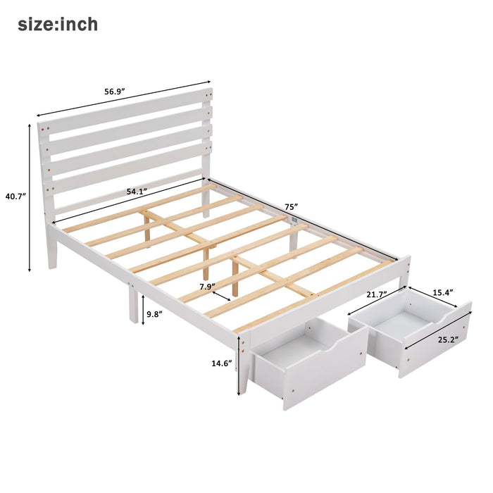 Full Size Platform Bed with Drawers, White