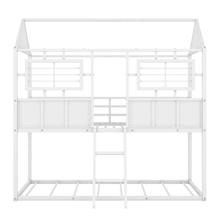 Twin over Twin Size Metal Low Bunk Beds with Roof and Fence-shaped Guardrail, White