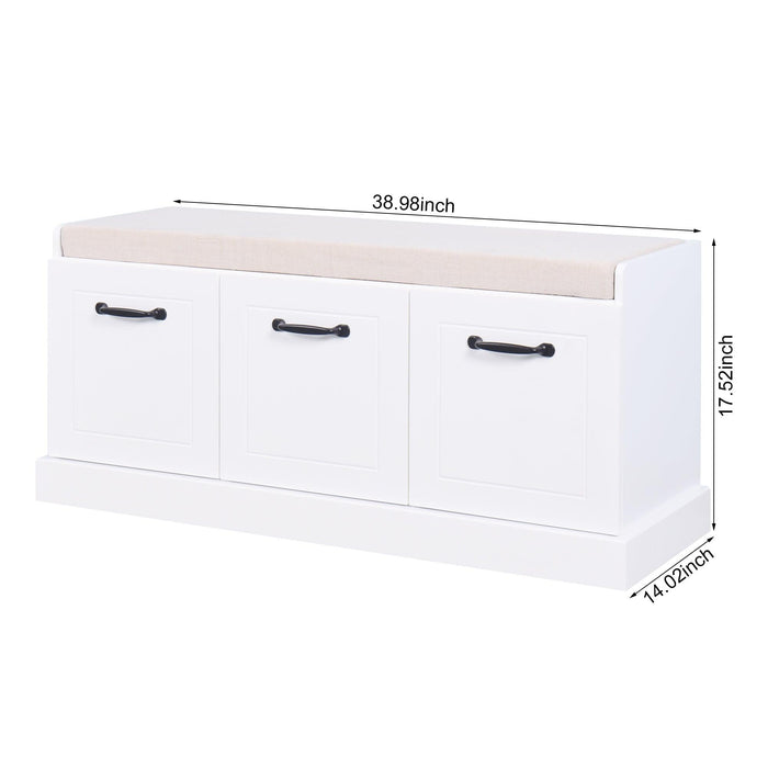 Wooden EntrywayShoe Cabinet Living RoomStorage Bench with White Cushion