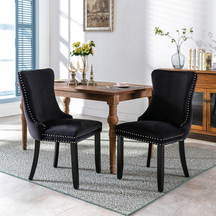 Cream Upholstered Wing-Back Dining Chair with Backstitching Nailhead Trim and Solid Wood Legs,Set of 2, Black