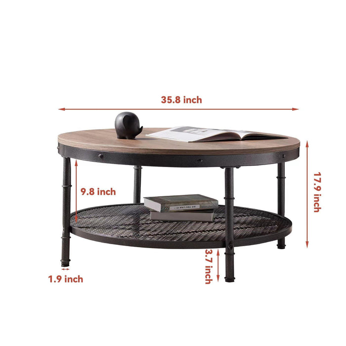 2-Tier Single Panel Round Coffee Table for Living Room and Bedroom, with 3D Texture Metal Frame and Mesh
