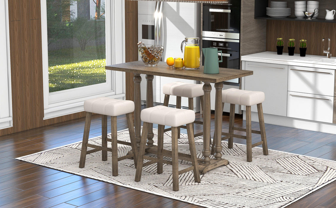 5-Piece Dining Table Set, Counter Height Dining Furniture with a Rustic Table and 4 Upholstered Stools for Kitchen, Dining Room (Light Brown)