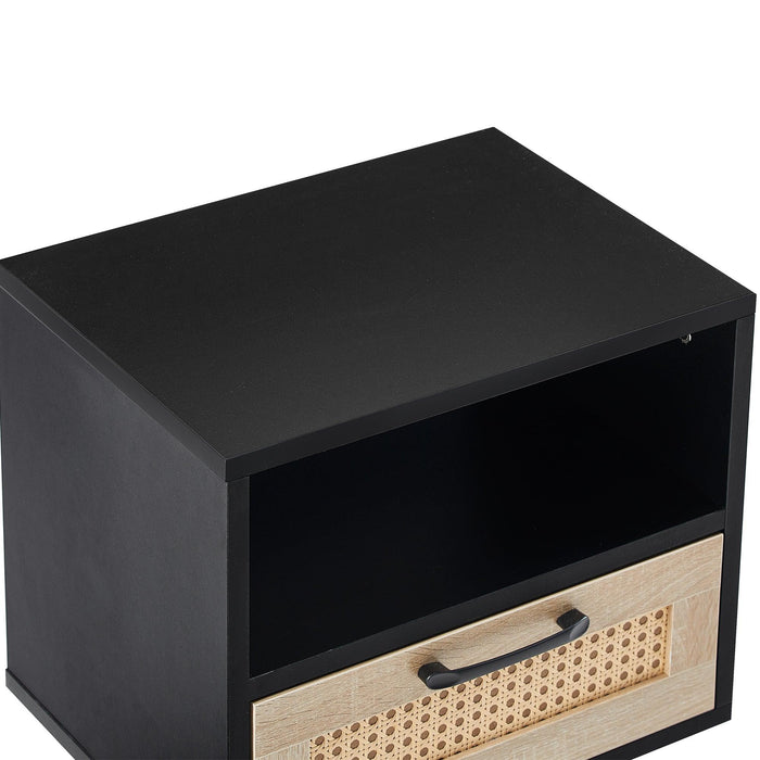 15.75" Rattan End table with  drawer and solid wood legs,Modern nightstand, side table for living roon, bedroom, black