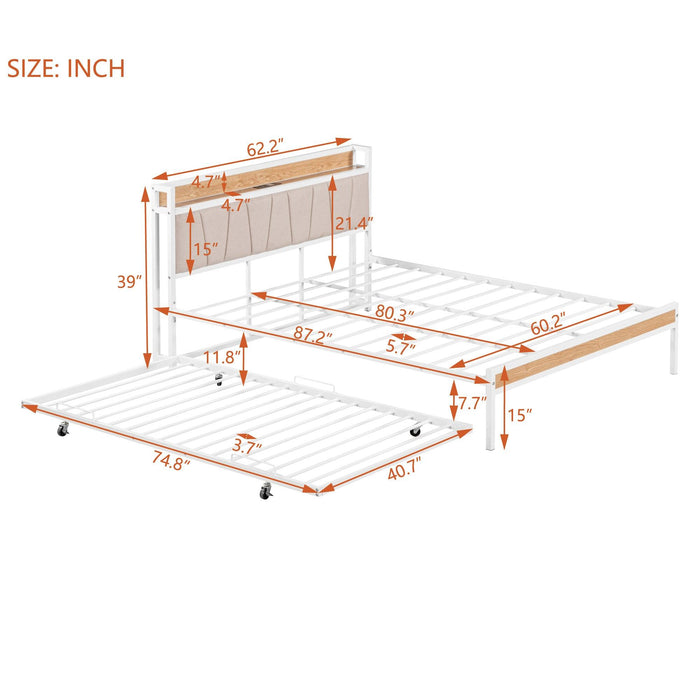 Queen Size Metal Platform Bed Frame with Twin size trundle, Upholstered headboard ，Sockets, USB Ports and Slat Support ,No Box Spring Needed，White