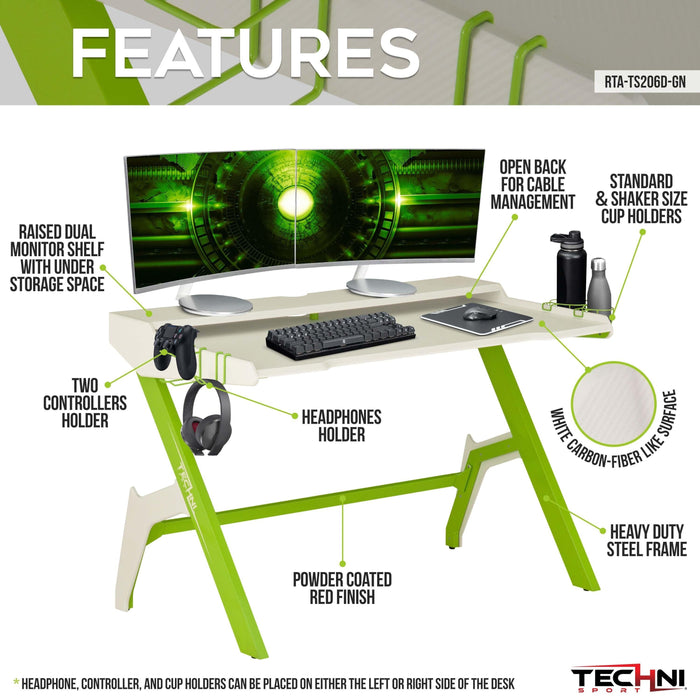 Techni Sport Ergonomic Computer Gaming  Desk Workstation with Cupholder & Headphone Hook, Green