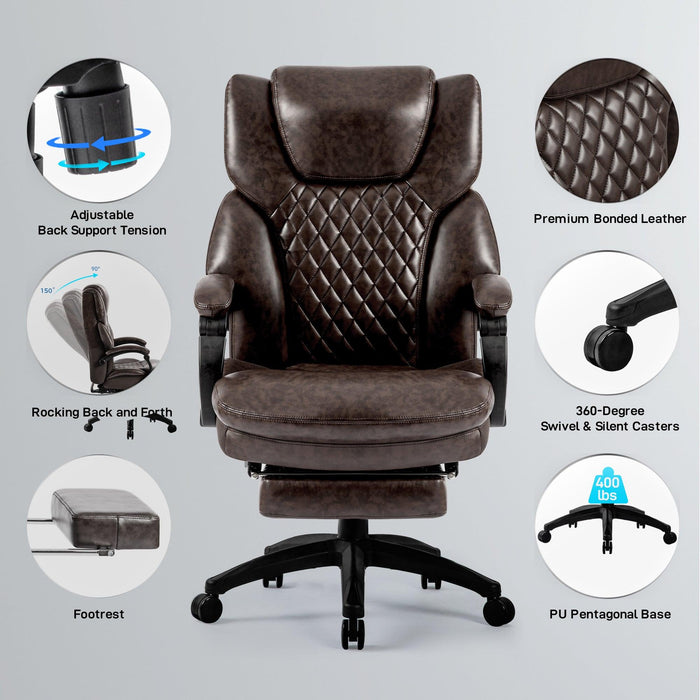 High Back Big & Tall 400lb Office Chair with Footrest Bonded Leather Ergonomic Executive Desk Computer Swivel Chair