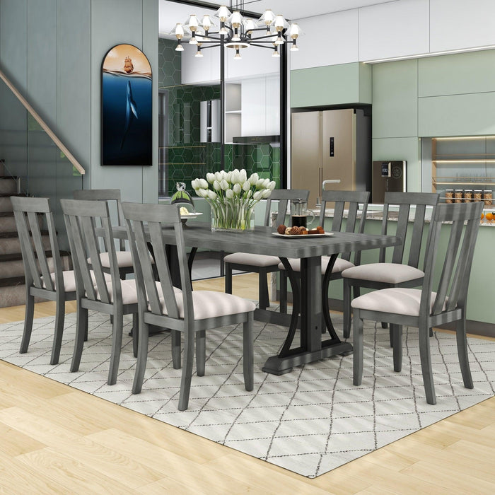 9-Piece Retro Style Dining Table Set 78" Wood Rectangular Table and 8 Dining Chairs for Dining Room (Gray)