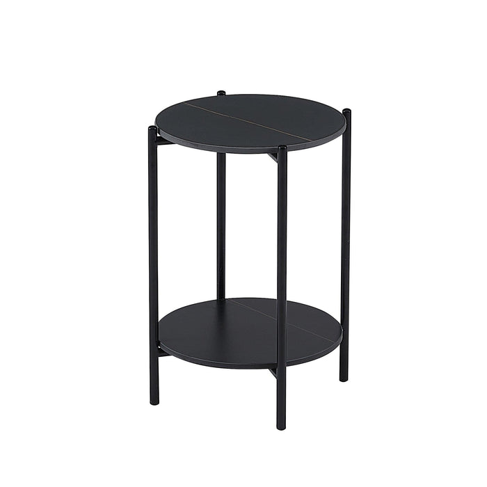 2-layer End Table with Whole  Marble Tabletop, Round Coffee Table with Black Metal Frame for Bedroom Living Room Office (black,1 piece)