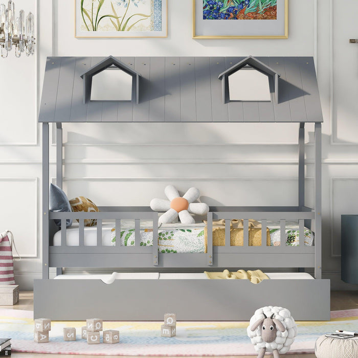 Twin Size House Bed Wood Bed with Twin Size Trundle ( Gray )
