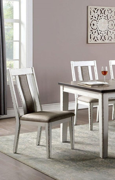 Classic Weathered White / Warm Gray Set of 2 Side Chairs Fabric Unique Back Solid wood Chair Upholstered Seat Kitchen Rustic Dining Room Furniture