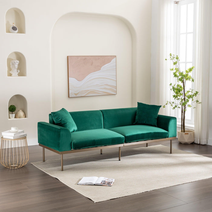Modern Velvet Sofa with Metal Legs,Loveseat Sofa Couch with Two Pillows for Living Room and Bedroom, Green