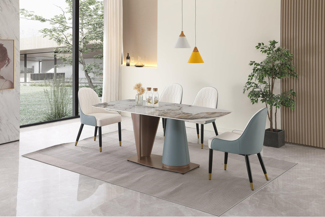 71"  Pandora color sintered stone dining table with cone shape  Pedestal Base in champagne and blue color