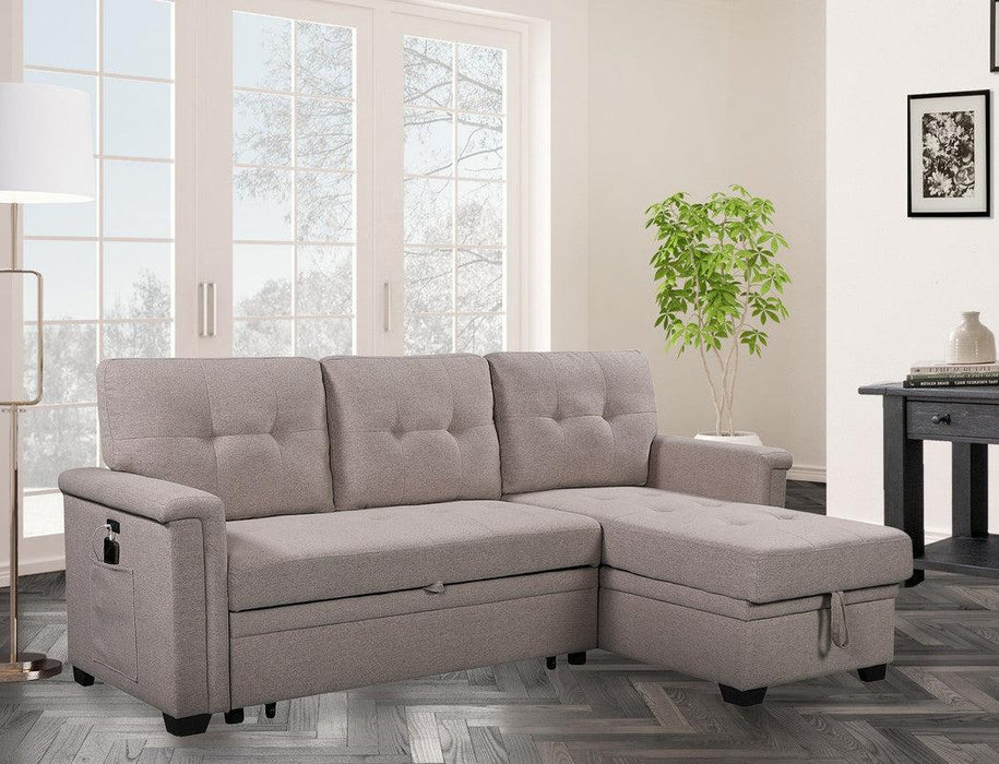 Nathan Light Gray Reversible Sleeper Sectional Sofa withStorage Chaise, USB Charging Ports and Pocket